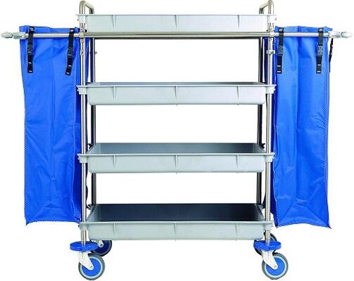 Carro Housekeeping Cromado 4 Bandejas e 2 Sacos